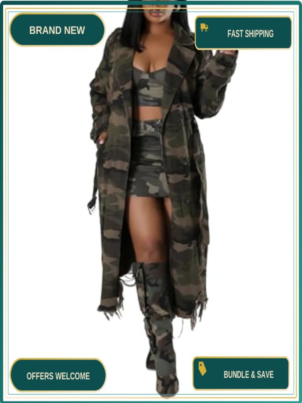 Women Camo Trench Coat Distressed Notched Lapel Jacket with Belt
